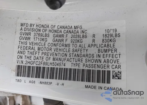 2020 Honda Civic Sport z USA, uszkodzony, nr VIN 2HGFC2F89LH504574